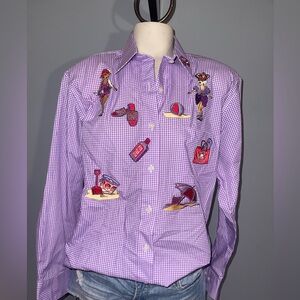 Red hat society small long sleeve collared button up shirt vintage grandmacore
